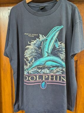 Vintage 90's Dolphin Marco Island - Graphic Tee - Black with Teal Accent